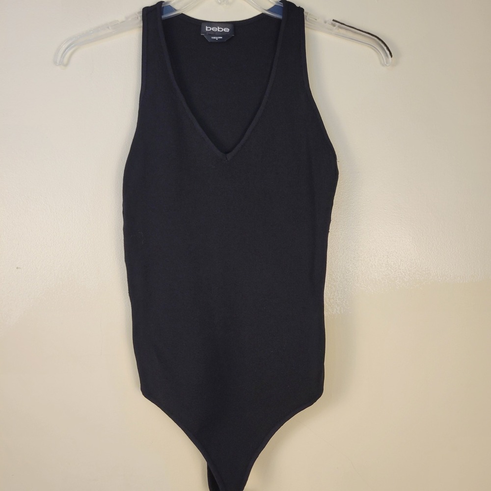 Bebe Womens Black Ribbed Knit V-Neck Bodysuit Strappy Cutout Sides Size M